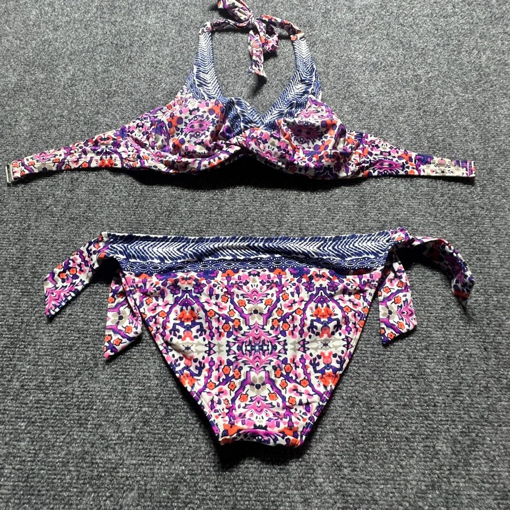 Athleta Purple Floral Underwire Halter Bikini Set 32 B/C XS Side Tie Bottoms